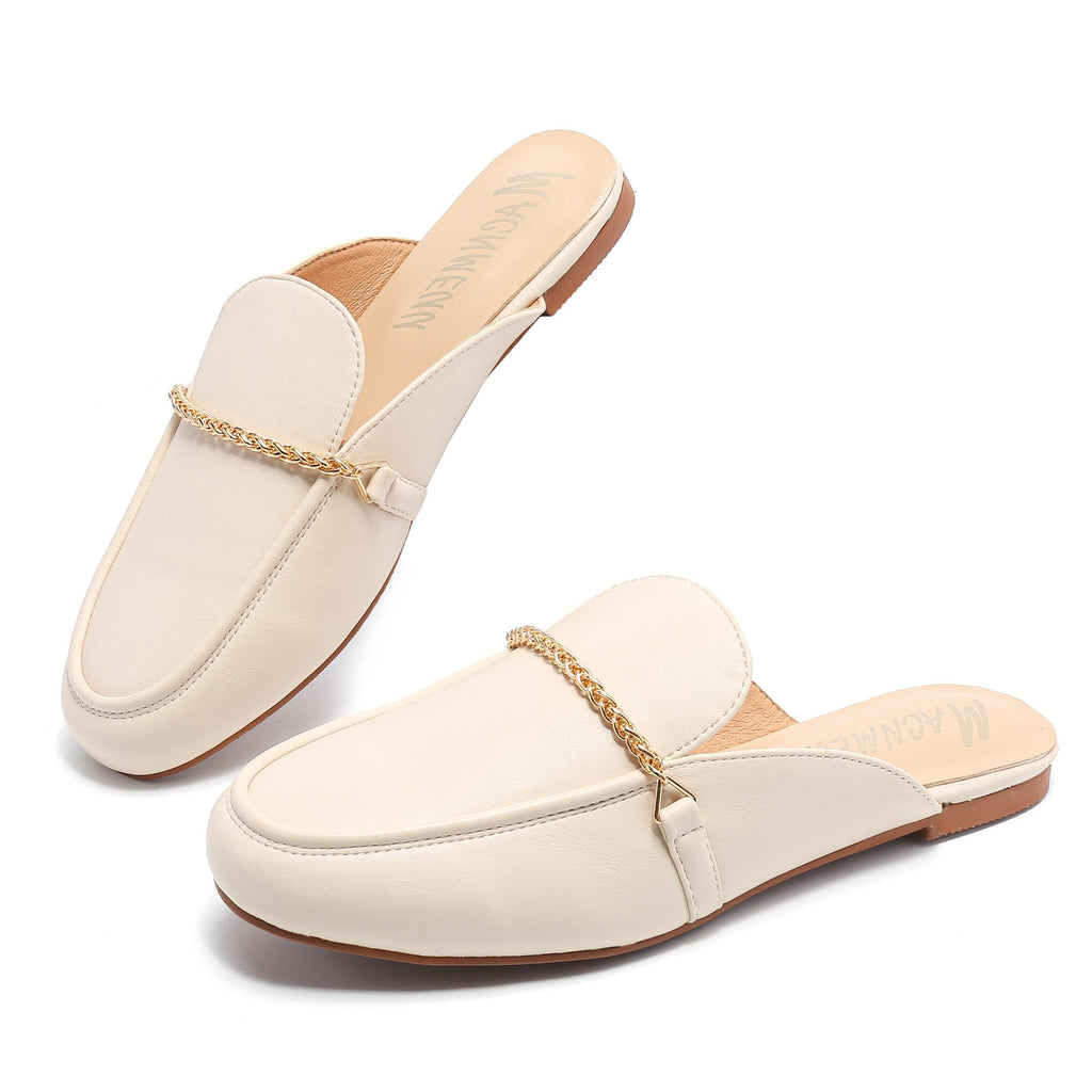 MACNMEUU Mules for Women Closed Round Toe Mules Comfortable Backless Loafers Slippers with Thin Chain BeigeSize 9.5