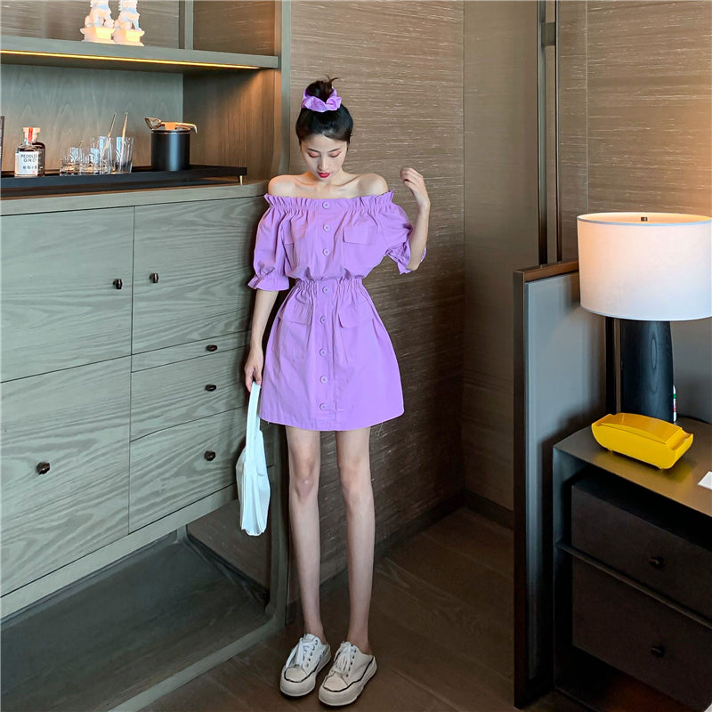 French Style Off-Shoulder Puff Sleeve Dress for Women