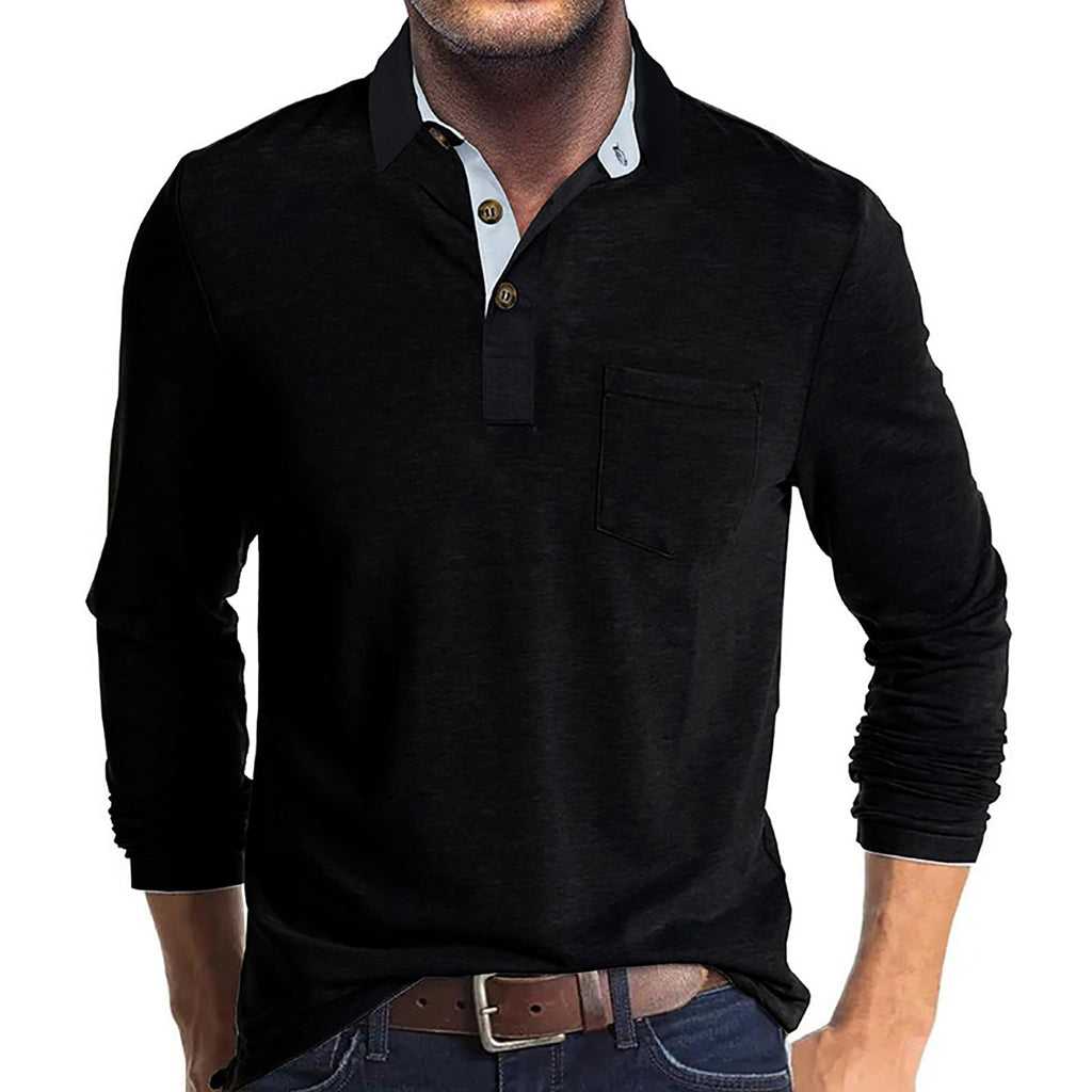 Mens Long Sleeve Polo Shirts Classic Button Down Golf Shirt Fashion Casual Moisture Wicking Shirts with Pocket Black