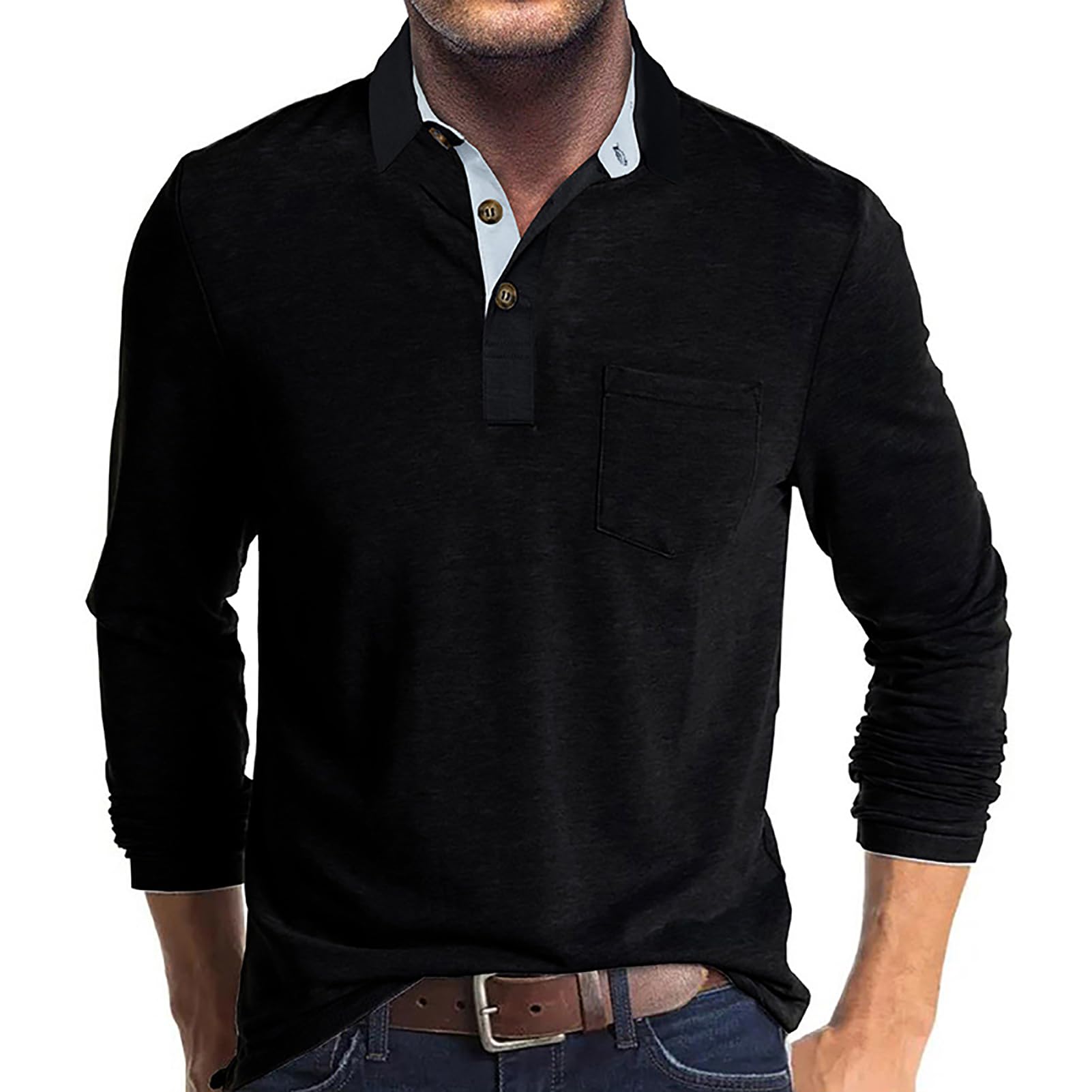Mens Long Sleeve Polo Shirts Classic Button Down Golf Shirt Fashion Casual Moisture Wicking Shirts with Pocket Black