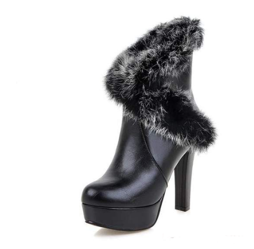Faux Fur White Thick-Heeled Snow Boots (Mid-Calf)