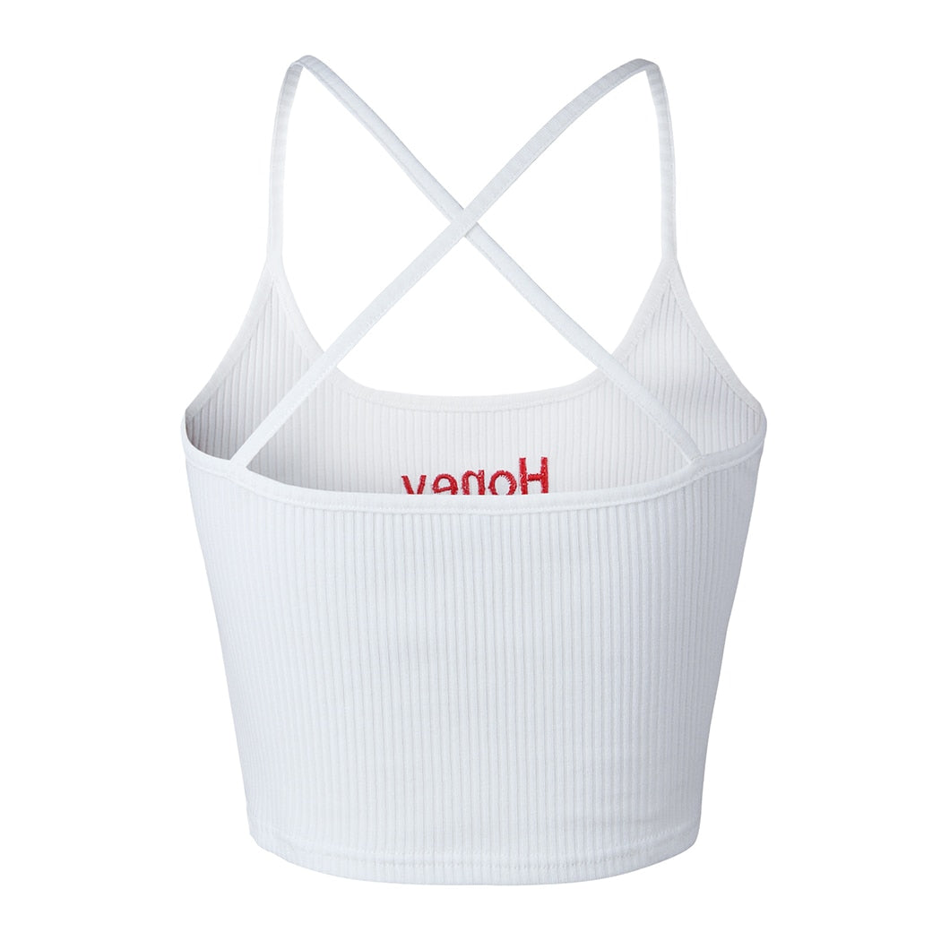 Letter Embroidered Crop Top with Spaghetti Straps