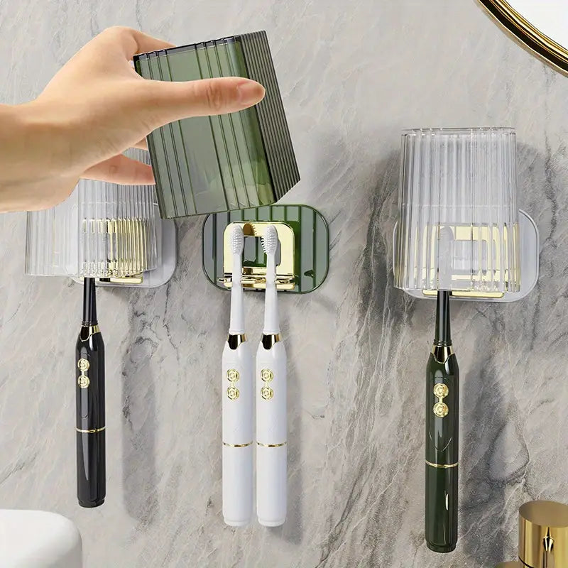 Wall Mounted Toothbrush Holder with Mouthwash Cup (1 Set)