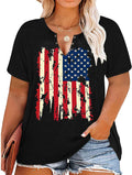 Plus Size USA Flag V-Neck T-Shirt Women Distressed American Flag Graphic Tees Short Sleeve 4th of July Patriotic Tops (2XL Black)