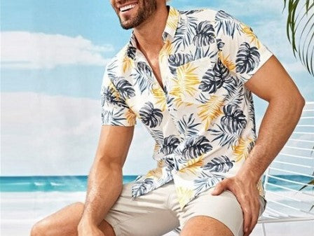 Men's Tropical Leaf Print Hawaiian Shirt for Summer