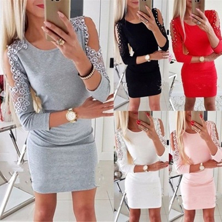 Off-Shoulder Beaded Lace Long Sleeve Bodycon Dress