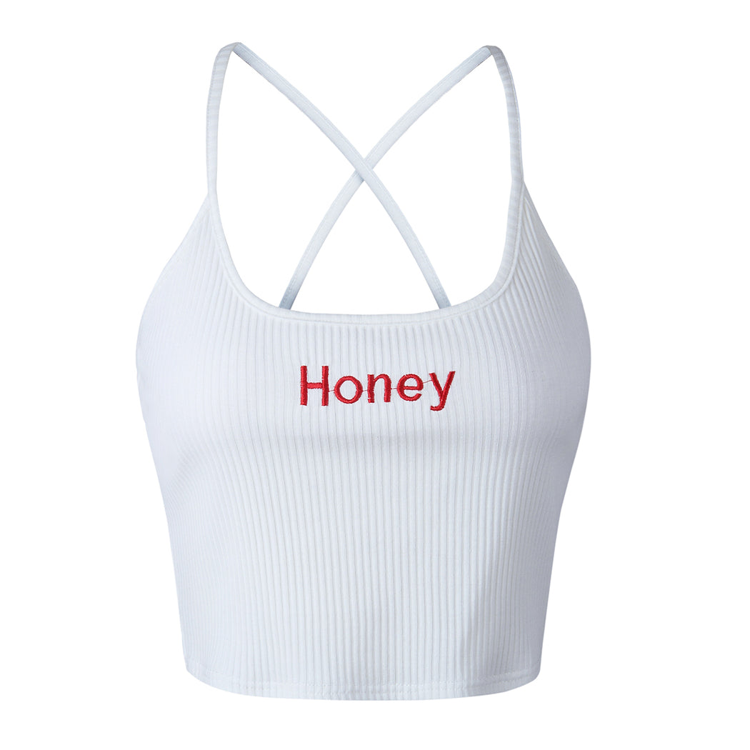 Letter Embroidered Crop Top with Spaghetti Straps
