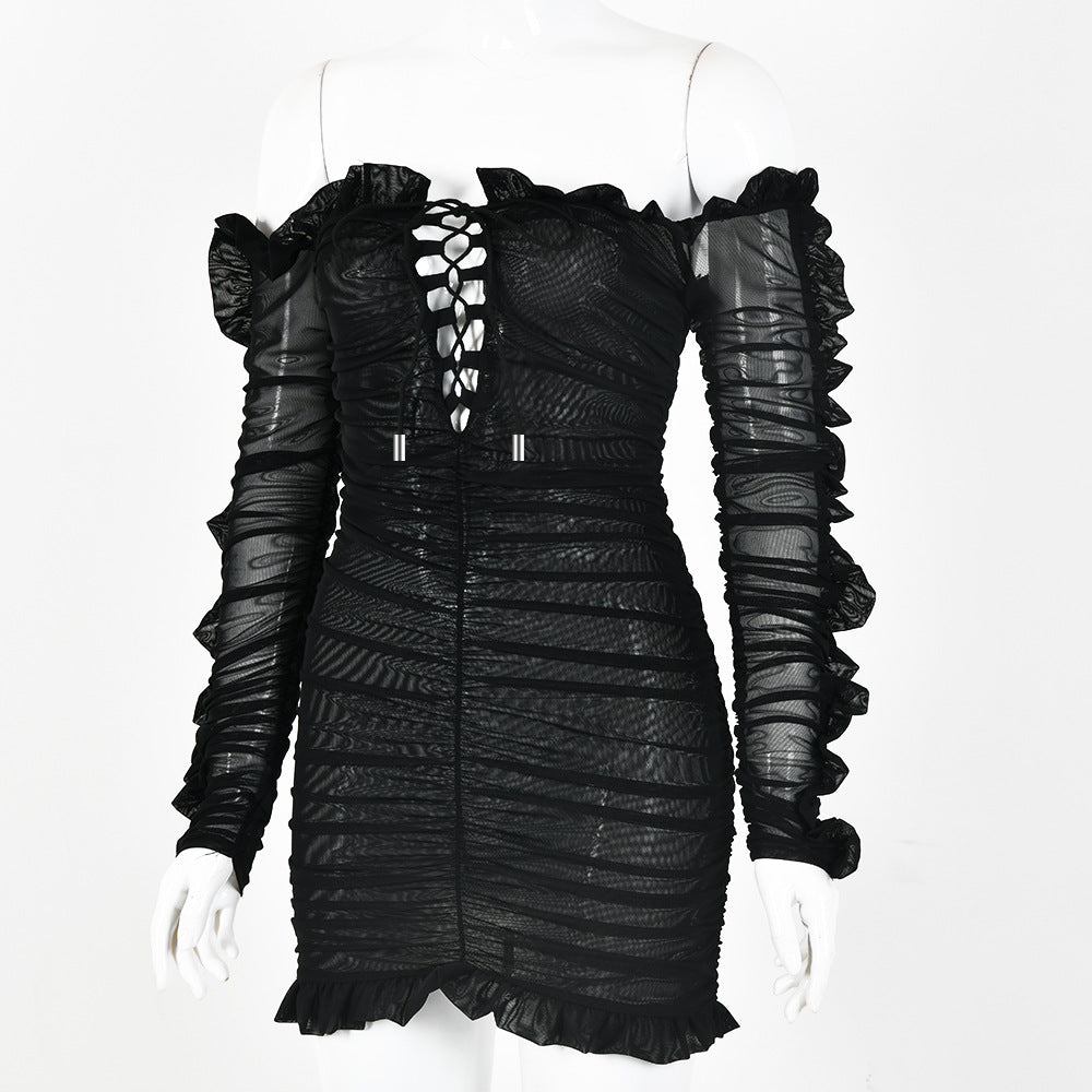 Fashionable Sheer Ruffle Long Sleeve Deep V Dress