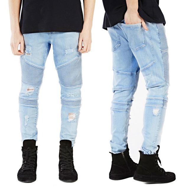 New Men's Slim Fit Ripped Denim Jeans (Motorcycle Style)