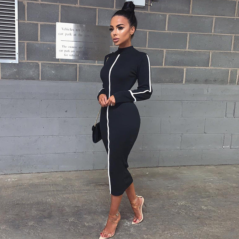 Color Block Long Sleeve High Neck Maxi Dress