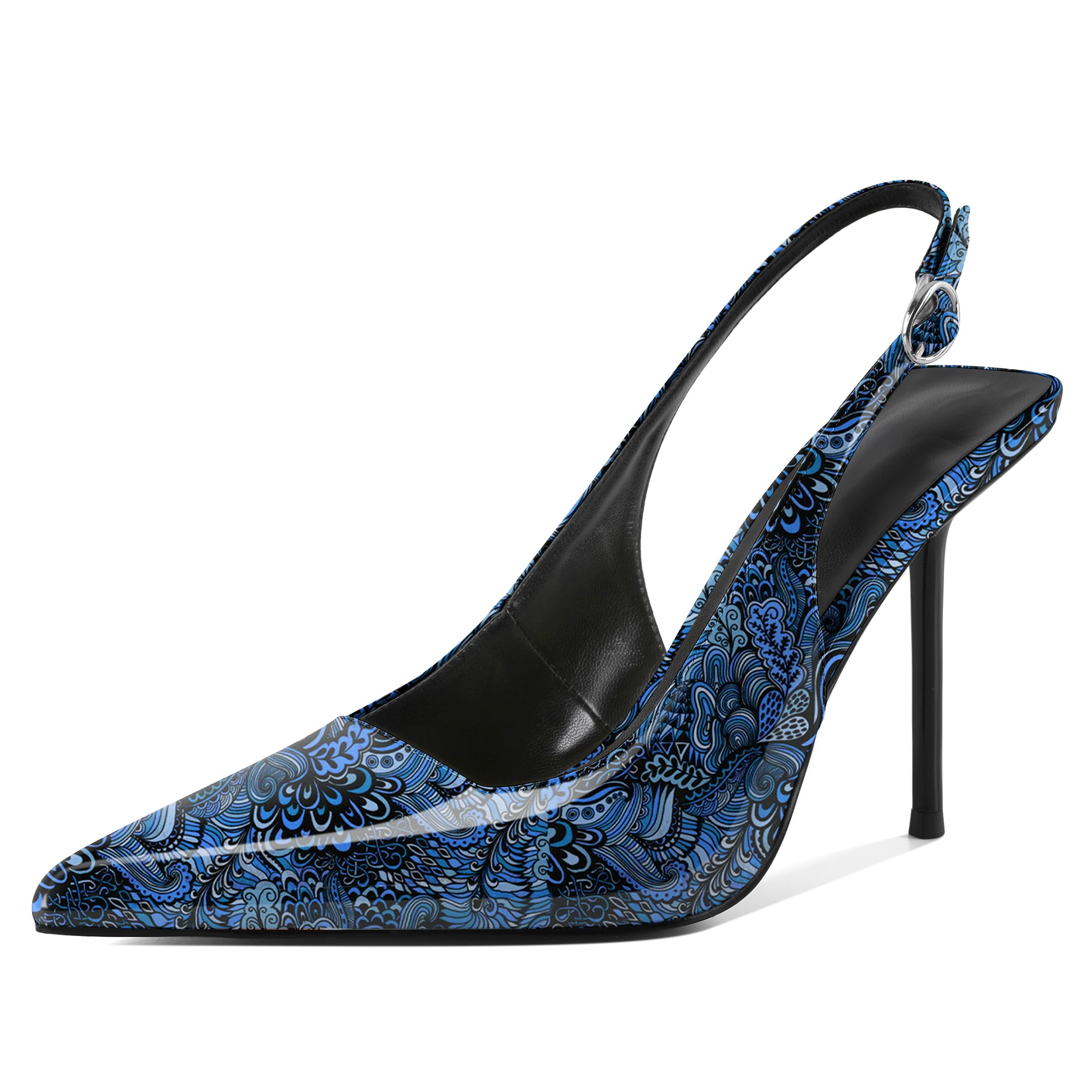 Zamikoo Women Sling Back Heels Pointed Toe Slip On High Heel Stilettos Women Pumps Dress Shoes Backless 4 Inches Patent Flower Blue US Size 12