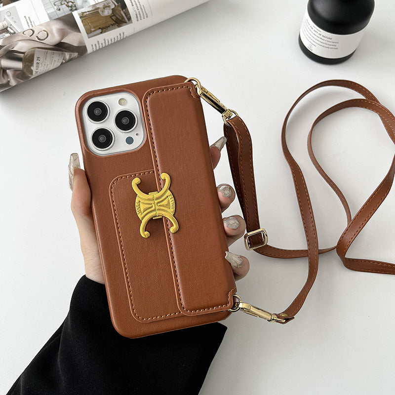 Brown Crossbody Card Holder Case for iPhone 12-15 Pro Max