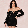 Fashionable Sheer Ruffle Long Sleeve Deep V Dress